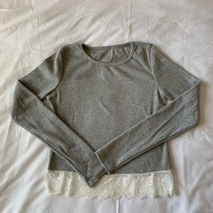 Grey Long Sleeve Crop Top With Lace Detail